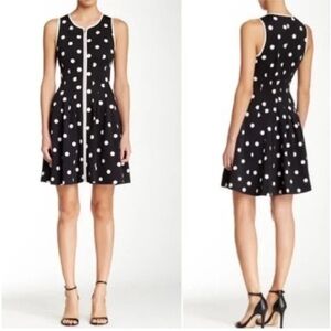 Betsey Johnson Black White Polka Dot Fit and Flare Zip Front Scuba Dress Size 8